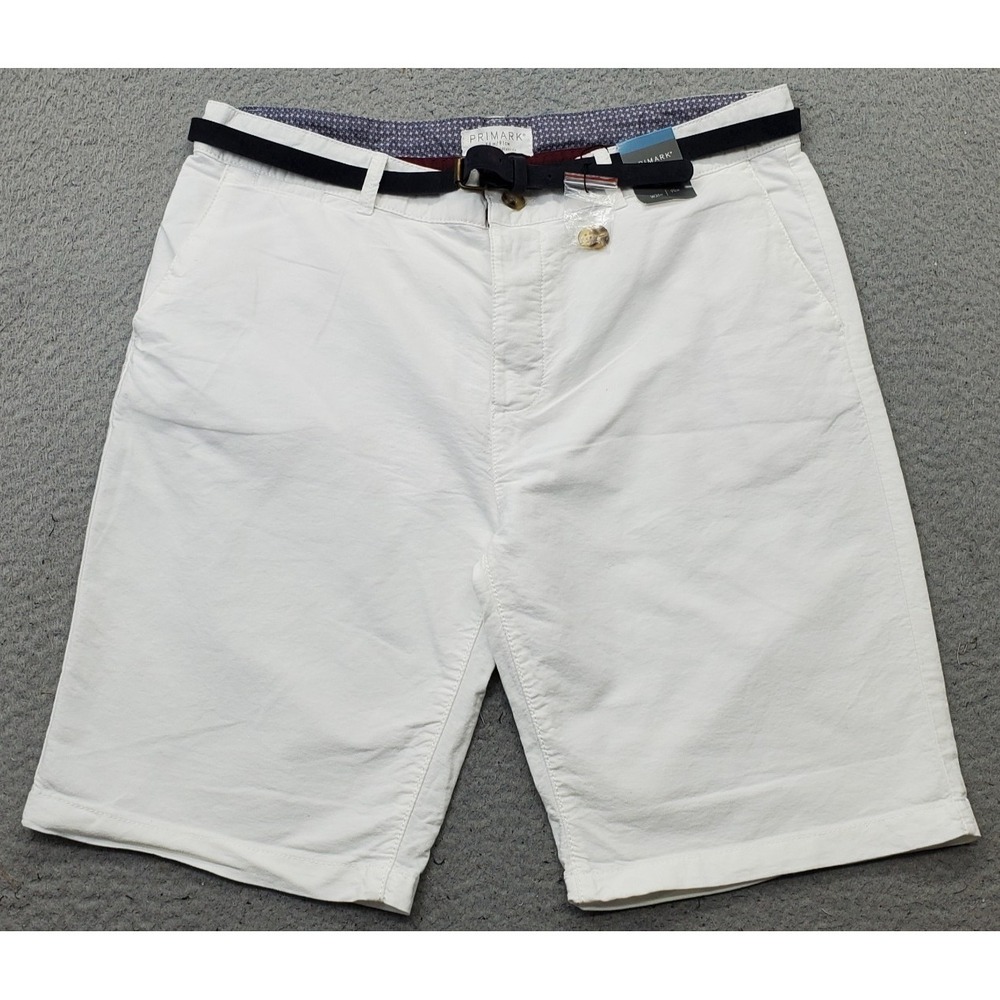 Primark Chino Shorts Mens 36 White Button Fly Belted Waist Hiking Outdoor